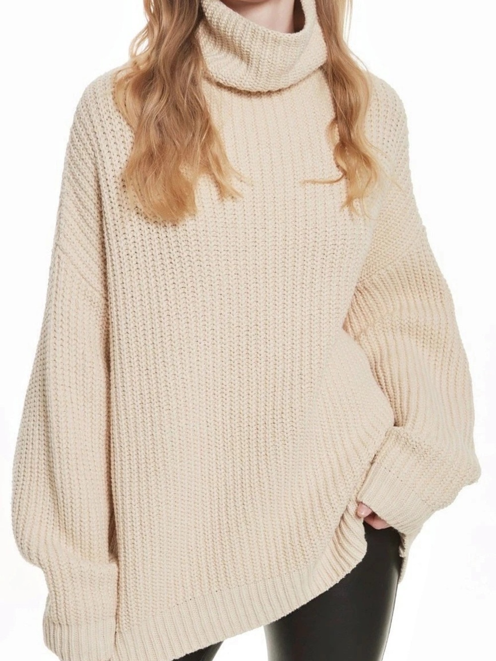 Free People Swim Too Deep Slouchy Tunic Cream Cowl Neck Sweater
